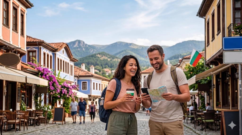 A travel guidebook-style photograph, titled 'Living In Bulgaria: The American Expat Guide (2026)', shows a diverse man and woman in an old-world cobblestone European street, with mountains and historical buildings visible behind them. They are both smiling; she is holding a cup of coffee, and he is holding a map while looking at his smartphone. Signs for 'Old Town Cafe' and 'Town Center' are visible, along with a Bulgarian flag. Text below the title says: "Your Ultimate Guide to Moving, Working & Embracing Life in Bulgaria!